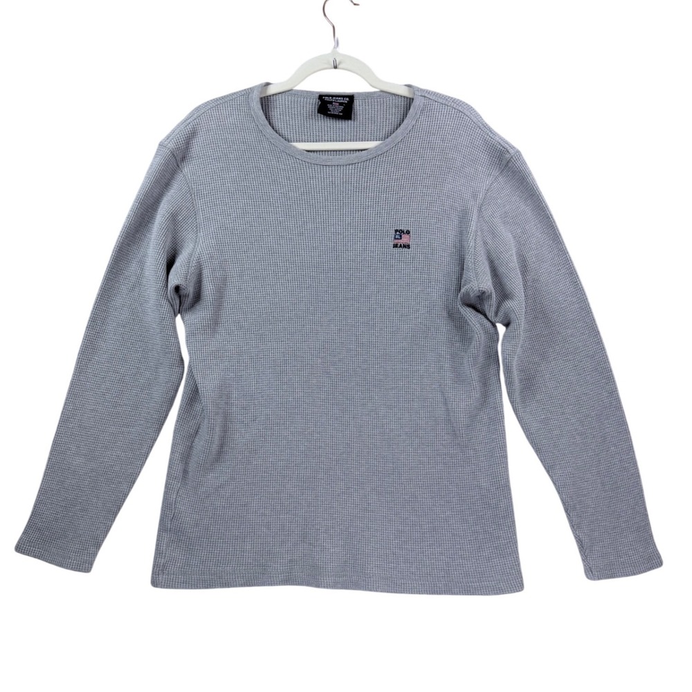 Polo Ralph Lauren Waffle Knit Shirt Mens L Grey Long Sleeve Thermal Flag Logo